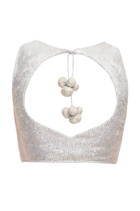 Vandana Sethi_Silver Sequined Scoop Neck Embellished Blouse_Online_at_Aza_Fashions