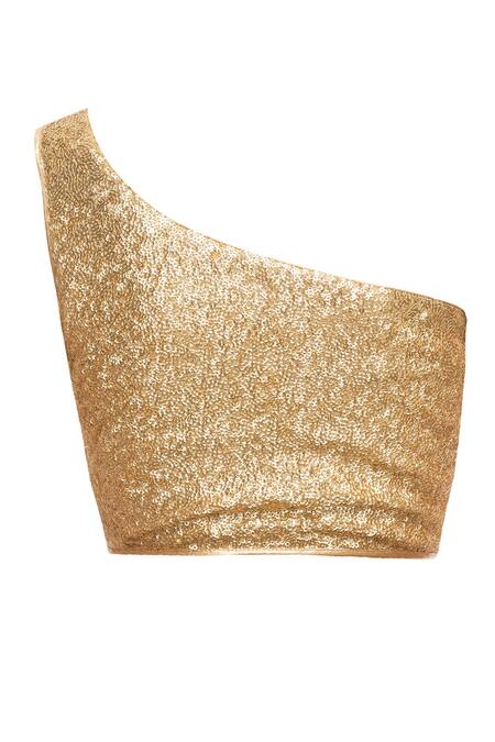 Vandana Sethi_Gold Sequined Asymmetric One-shoulder Blouse_Online_at_Aza_Fashions
