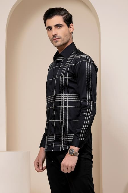 Abkasa_Black Cotton Checkered Shirt _Online_at_Aza_Fashions
