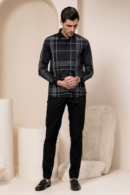 Buy_Abkasa_Black Cotton Checkered Shirt _Online_at_Aza_Fashions