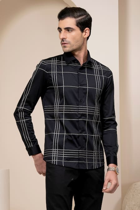 Shop_Abkasa_Black Cotton Checkered Shirt _Online_at_Aza_Fashions