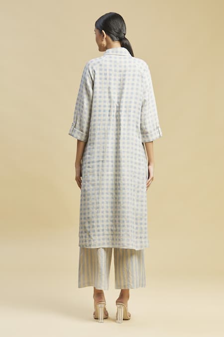 Shop_Linen Bloom_Beige 100% Linen Shirt Collar Checkered Tunic _at_Aza_Fashions