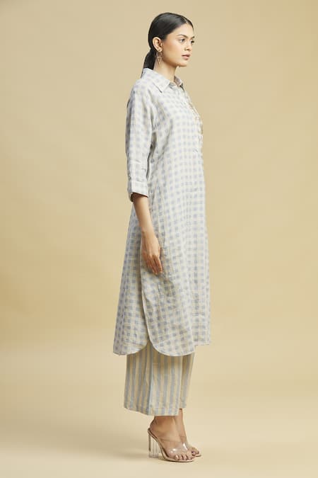 Linen Bloom_Beige 100% Linen Shirt Collar Checkered Tunic _Online_at_Aza_Fashions