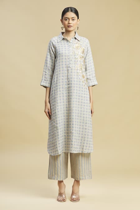 Buy_Linen Bloom_Beige 100% Linen Shirt Collar Checkered Tunic _Online_at_Aza_Fashions