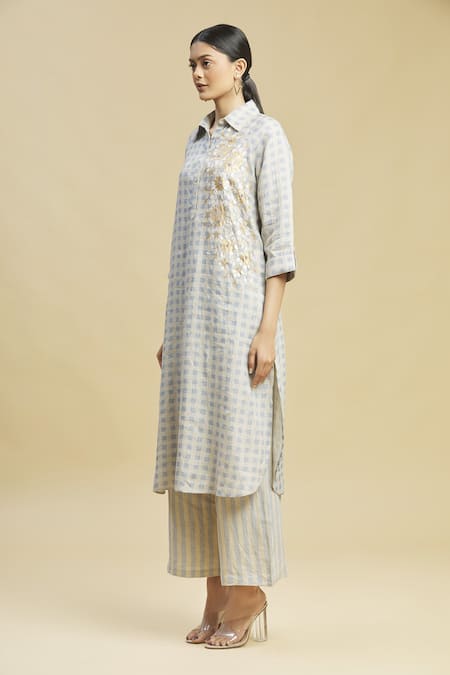 Shop_Linen Bloom_Beige 100% Linen Shirt Collar Checkered Tunic _Online_at_Aza_Fashions