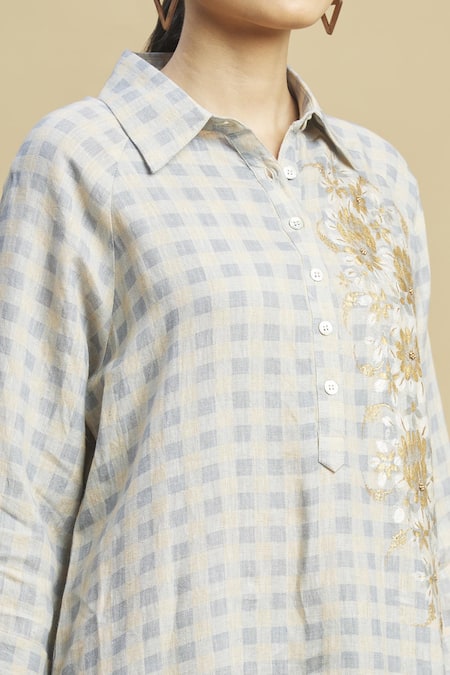Linen Bloom_Beige 100% Linen Shirt Collar Checkered Tunic _at_Aza_Fashions