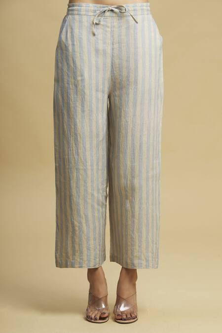 Linen Bloom_Beige 100% Linen Striped Pant _Online_at_Aza_Fashions