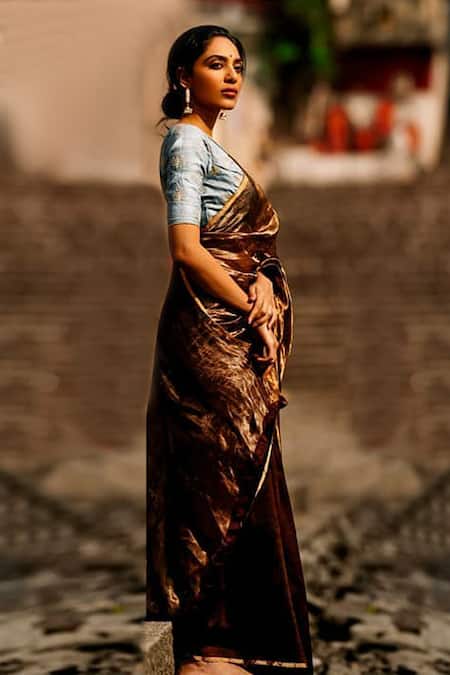 Shop Dot Brown Striped Chanderi Saree at Aza Fashions Shop_Dot_Brown Striped Chanderi Saree _at_Aza_Fashions