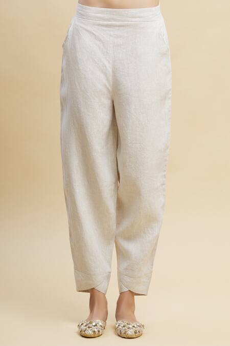 Linen Bloom_Beige 100% Linen Pant_Online_at_Aza_Fashions