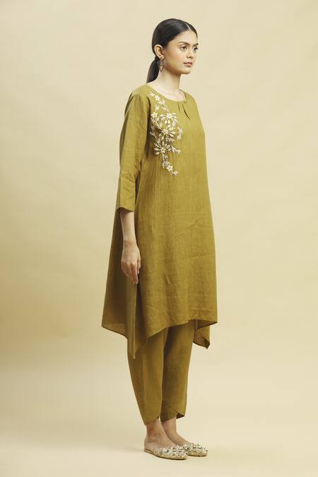 Linen Bloom Green 100% Linen Round Tunic Online at Aza Fashions Linen Bloom_Green 100% Linen Round Tunic_Online_at_Aza_Fashions