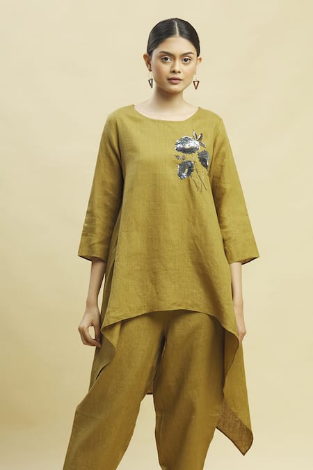 Linen Bloom Green 100% Linen Round Tunic 