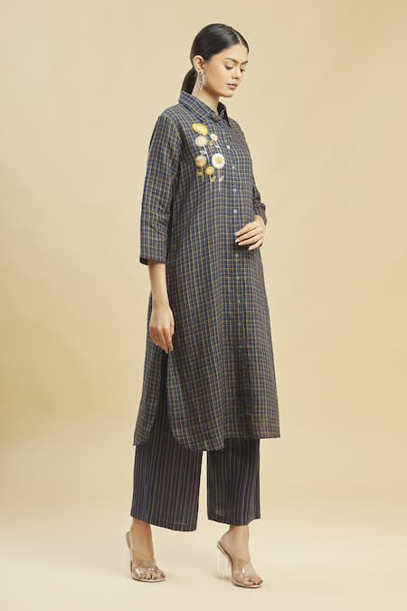 Linen Bloom Blue 100% Linen Shirt Collar Checkered Tunic 