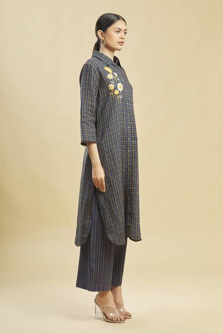 Linen Bloom_Blue 100% Linen Shirt Collar Checkered Tunic_Online_at_Aza_Fashions