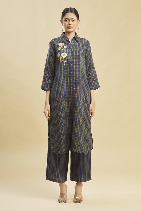 Buy_Linen Bloom_Blue 100% Linen Shirt Collar Checkered Tunic_Online_at_Aza_Fashions
