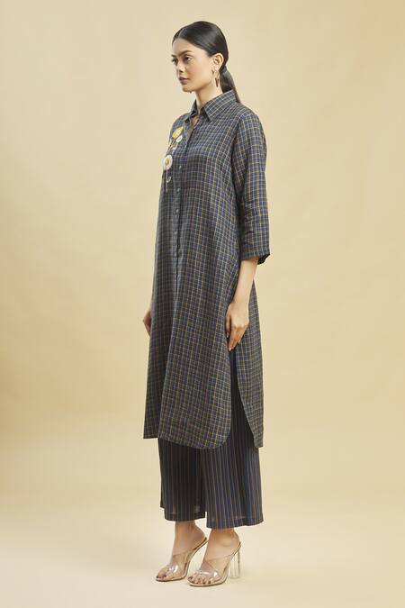 Shop_Linen Bloom_Blue 100% Linen Shirt Collar Checkered Tunic_Online_at_Aza_Fashions