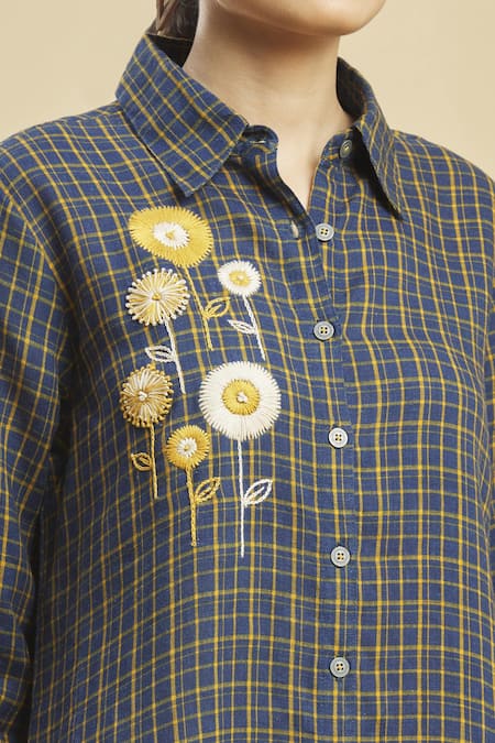 Linen Bloom_Blue 100% Linen Shirt Collar Checkered Tunic_at_Aza_Fashions