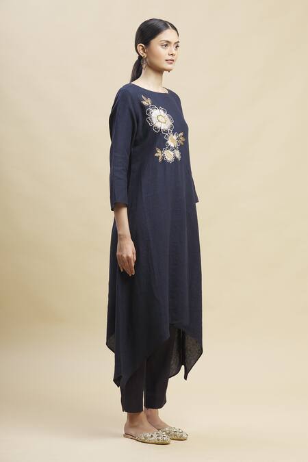 Linen Bloom_Blue 100% Linen Round Tunic_Online_at_Aza_Fashions