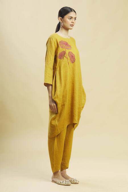 Linen Bloom_Yellow 100% Linen Round Tunic_Online_at_Aza_Fashions