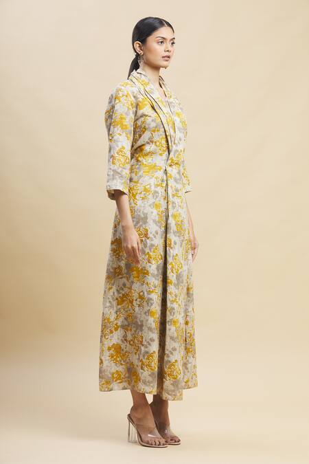 Linen Bloom_Yellow 100% Linen V Neck Printed Dress_Online_at_Aza_Fashions
