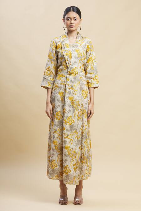 Buy_Linen Bloom_Yellow 100% Linen V Neck Printed Dress_Online_at_Aza_Fashions