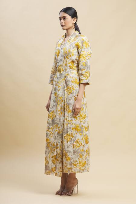 Shop_Linen Bloom_Yellow 100% Linen V Neck Printed Dress_Online_at_Aza_Fashions