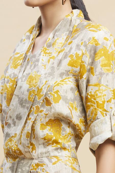 Linen Bloom_Yellow 100% Linen V Neck Printed Dress_at_Aza_Fashions