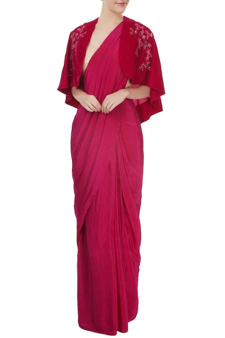 J by Jannat Red Embellished Floral Illusion Neck Pre-draped Saree And Cape Set For Women