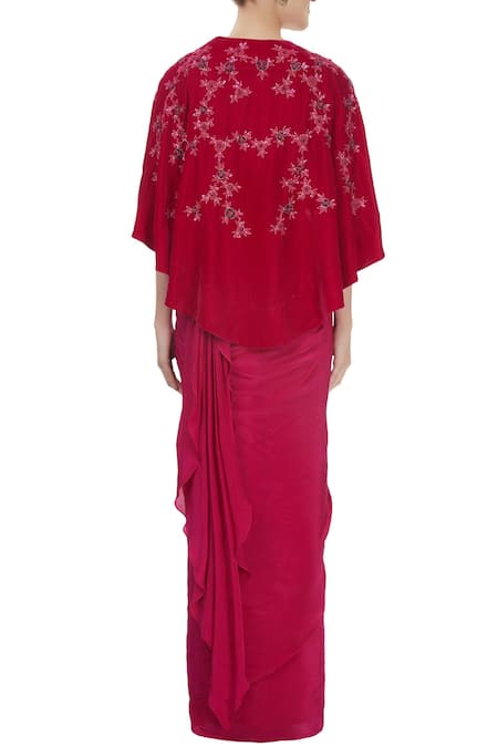 Shop_J By Jannat_Red Embellished Floral Illusion Neck Pre-draped Saree And Cape Set _at_Aza_Fashions