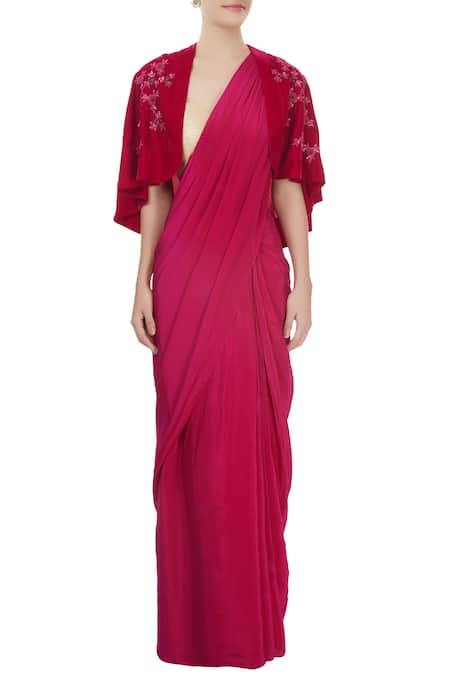 J By Jannat_Red Embellished Floral Illusion Neck Pre-draped Saree And Cape Set _Online_at_Aza_Fashions