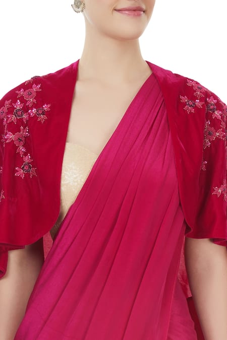 Shop_J By Jannat_Red Embellished Floral Illusion Neck Pre-draped Saree And Cape Set _Online_at_Aza_Fashions