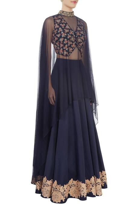 J By Jannat_Blue Embroidered Floral Applique Cape High Asymmetric Lehenga Set _Online_at_Aza_Fashions