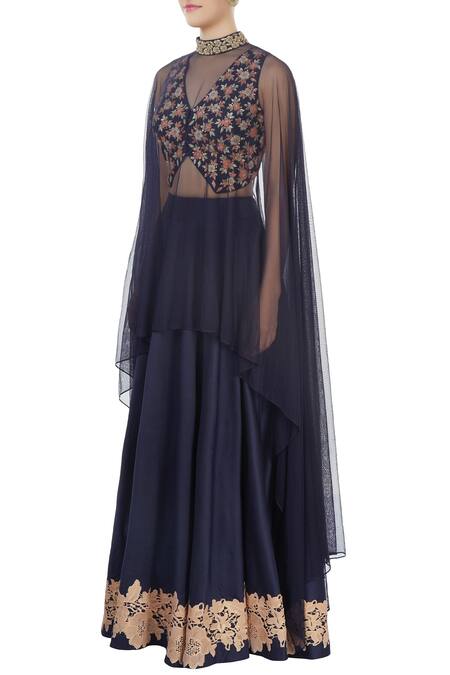 Buy_J By Jannat_Blue Embroidered Floral Applique Cape High Asymmetric Lehenga Set _Online_at_Aza_Fashions