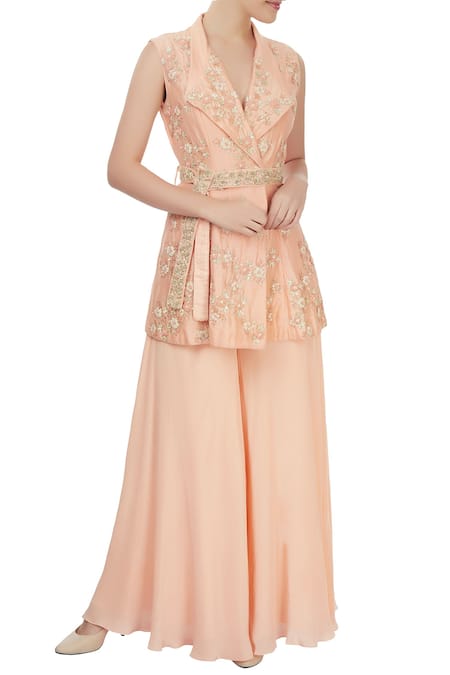 J by Jannat Peach Jacket With Palazzo And Waistband  