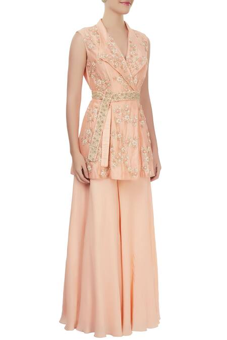 J By Jannat_Peach Jacket With Palazzo And Waistband  _Online_at_Aza_Fashions