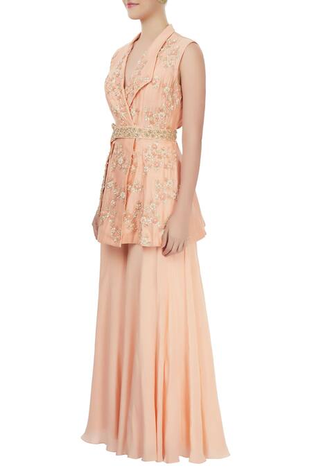 Buy_J By Jannat_Peach Jacket With Palazzo And Waistband  _Online_at_Aza_Fashions