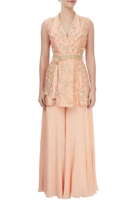 Shop_J By Jannat_Peach Jacket With Palazzo And Waistband  _Online_at_Aza_Fashions