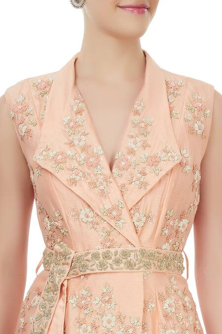 J By Jannat_Peach Jacket With Palazzo And Waistband  _at_Aza_Fashions