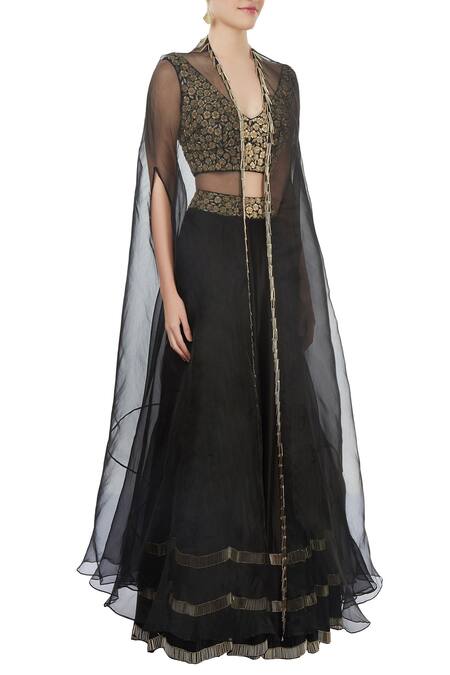J by Jannat_Black Embroidered Jacket Lehenga Set  _Online_at_Aza_Fashions