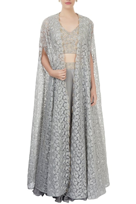 J by Jannat Grey Embroidered Zari Jacket Open Lehenga Set With Cape For Women