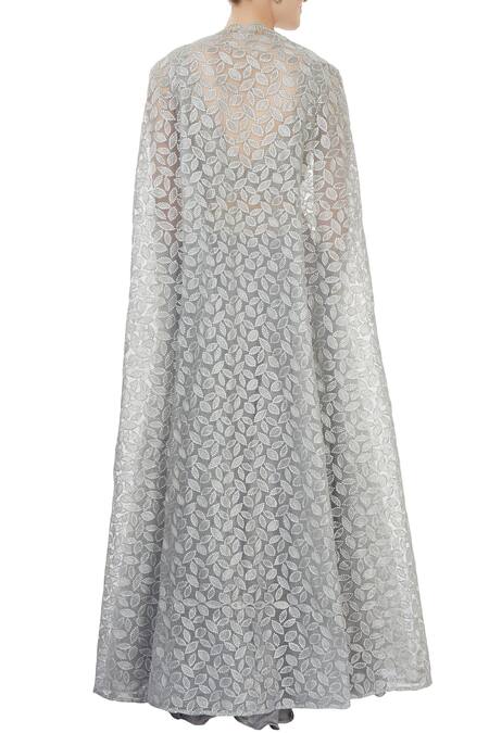 Shop_J By Jannat_Grey Embroidered Zari Jacket Open Lehenga Set With Cape _at_Aza_Fashions