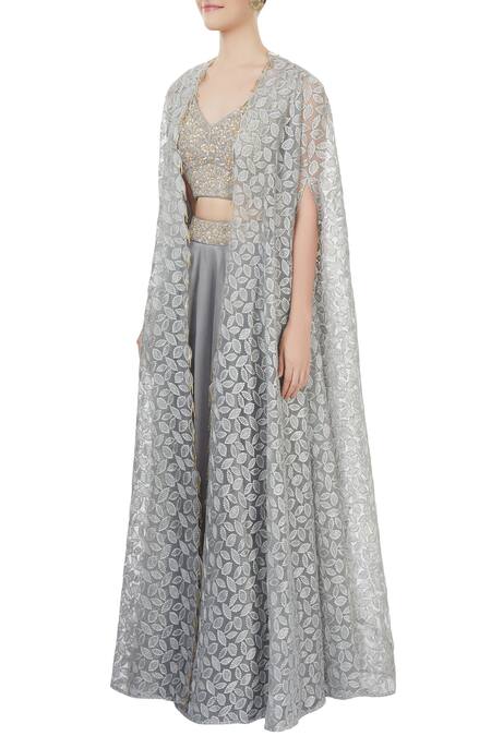 Buy_J By Jannat_Grey Embroidered Zari Jacket Open Lehenga Set With Cape _Online_at_Aza_Fashions