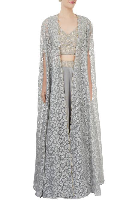 Shop_J By Jannat_Grey Embroidered Zari Jacket Open Lehenga Set With Cape _Online_at_Aza_Fashions