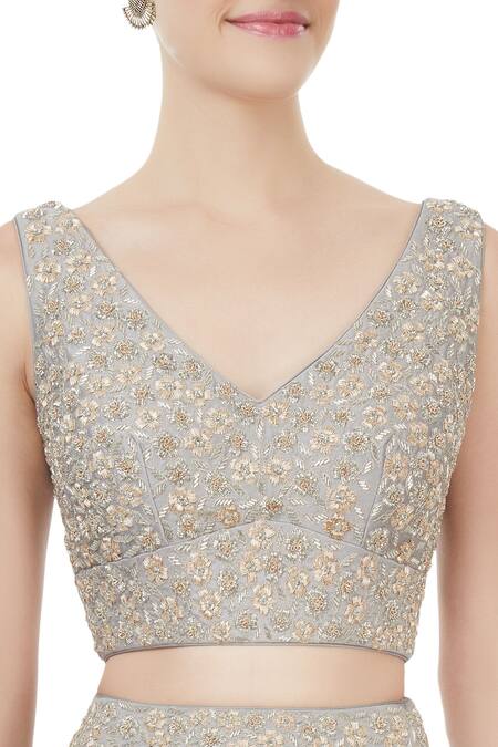 J By Jannat_Grey Embroidered Zari Jacket Open Lehenga Set With Cape _at_Aza_Fashions