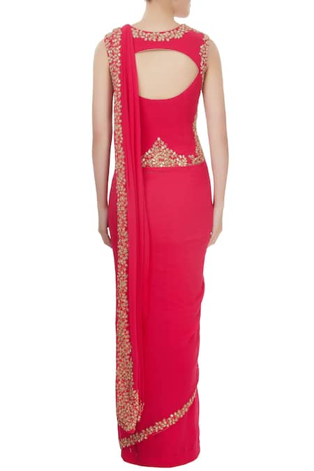 Shop_J by Jannat_Red Embellished Bead Jewel Neck Saree Gown  _at_Aza_Fashions