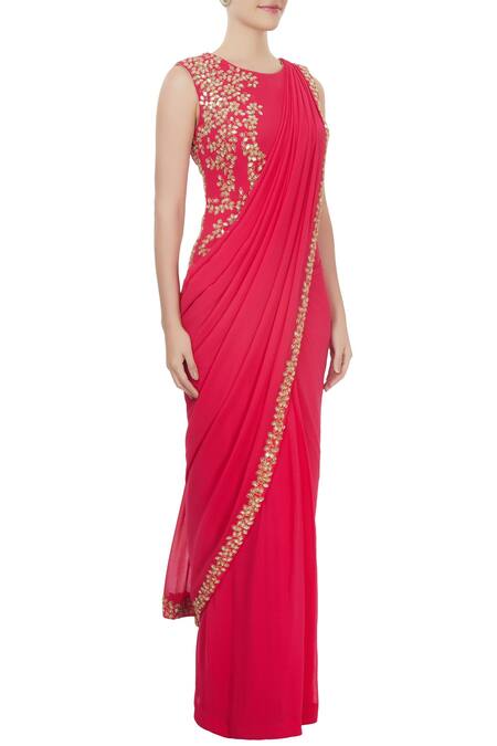 J by Jannat_Red Embellished Bead Jewel Neck Saree Gown  _Online_at_Aza_Fashions