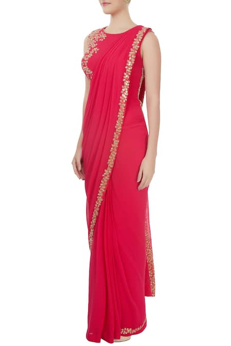 Buy_J by Jannat_Red Embellished Bead Jewel Neck Saree Gown  _Online_at_Aza_Fashions