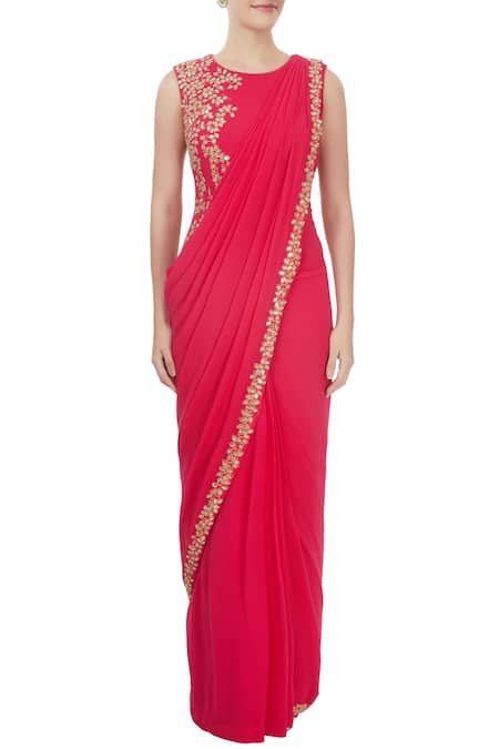 Shop_J by Jannat_Red Embellished Bead Jewel Neck Saree Gown  _Online_at_Aza_Fashions