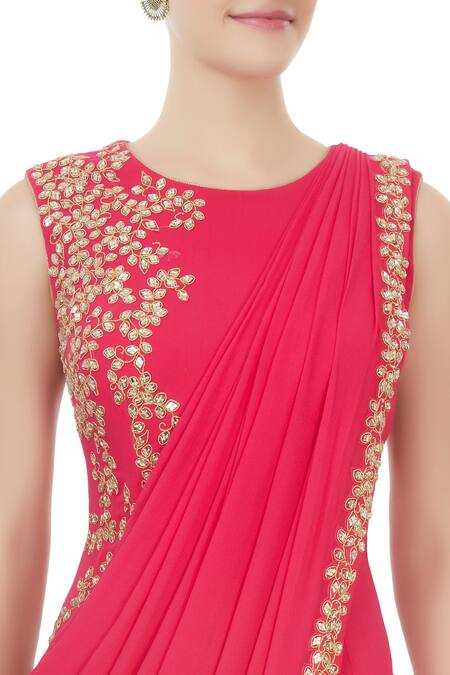 J by Jannat_Red Embellished Bead Jewel Neck Saree Gown  _at_Aza_Fashions