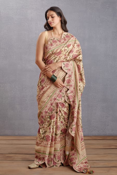 Buy_Torani_Beige Cotton Silk, Handwoven Chanderi U Neck Kasturi Vanida Blouse _Online_at_Aza_Fashions