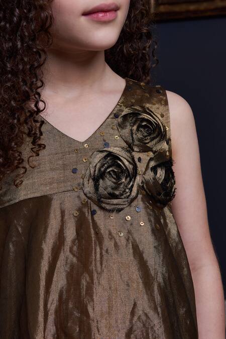 Swati Golyan Gold Handloom Cotton, Lurex Sequins Floral Embroidered Balloon Dress Online at Aza Fashions Swati Golyan_Gold Handloom Cotton, Lurex Sequins Floral Embroidered Balloon Dress _Online_at_Aza_Fashions